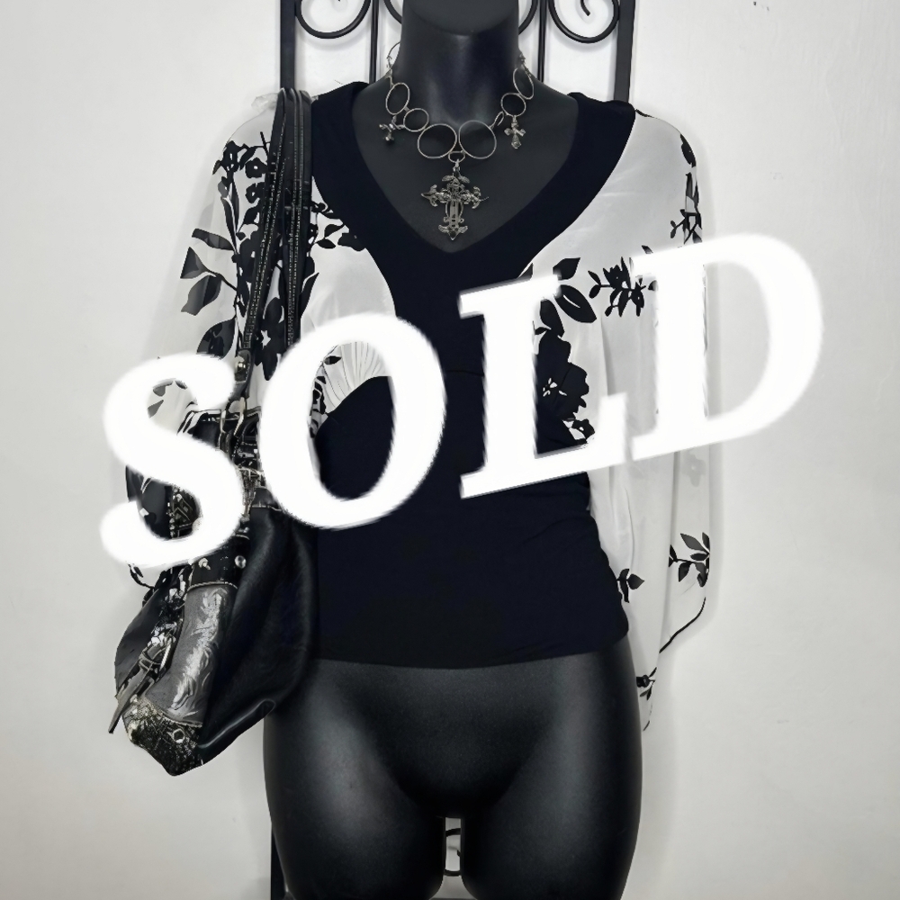 Elegant Black and White Floral Y2K Women's Top